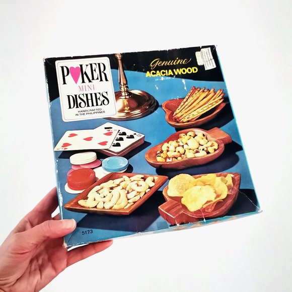 Vintage Acacia Wood Poker Night Mini Serving Dishes Original Box - Picture 3 of 6